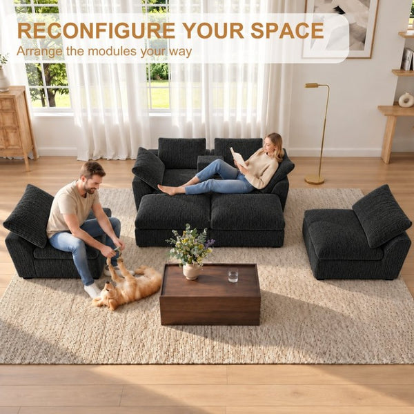 English Elm 155 Inch Modular U Shaped Chenille Sectional Sofa with Console and Dual Ottomans Black W5156S00013