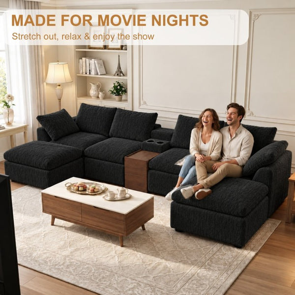 English Elm 155 Inch Modular U Shaped Chenille Sectional Sofa with Console and Dual Ottomans Black W5156S00013