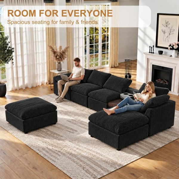 English Elm 155 Inch Modular U Shaped Chenille Sectional Sofa with Console and Dual Ottomans Black W5156S00013
