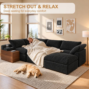 English Elm 155 Inch Modular U Shaped Chenille Sectional Sofa with Console and Dual Ottomans Black W5156S00013