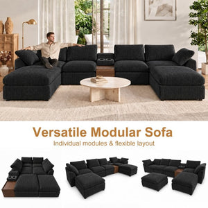 English Elm 155 Inch Modular U Shaped Chenille Sectional Sofa with Console and Dual Ottomans Black W5156S00013