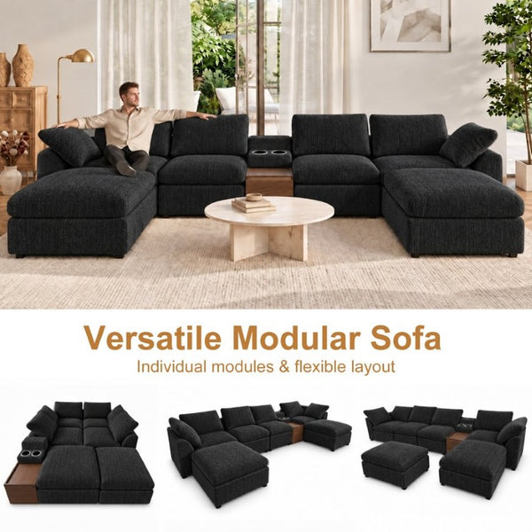 English Elm 155 Inch Modular U Shaped Chenille Sectional Sofa with Console and Dual Ottomans Black W5156S00013