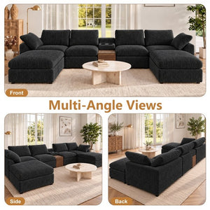 English Elm 155 Inch Modular U Shaped Chenille Sectional Sofa with Console and Dual Ottomans Black W5156S00013