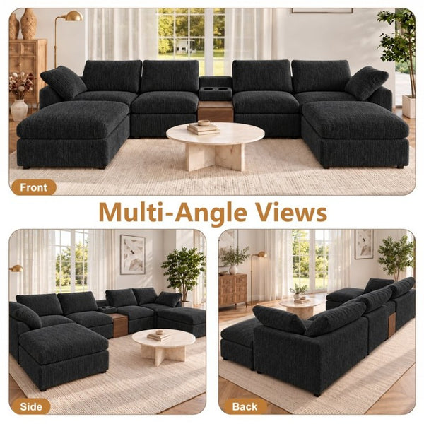 English Elm 155 Inch Modular U Shaped Chenille Sectional Sofa with Console and Dual Ottomans Black W5156S00013