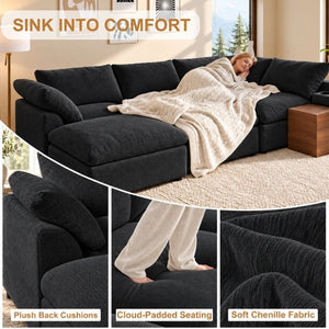 English Elm 155 Inch Modular U Shaped Chenille Sectional Sofa with Console and Dual Ottomans Black W5156S00013