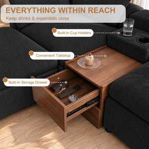 English Elm 155 Inch Modular U Shaped Chenille Sectional Sofa with Console and Dual Ottomans Black W5156S00013