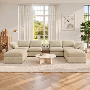 English Elm 155 Inch Modular U Shaped Chenille Sectional Sofa with Console and Dual Ottomans Apricot W5156S00014