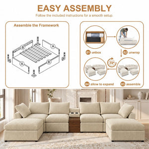 English Elm 155 Inch Modular U Shaped Chenille Sectional Sofa with Console and Dual Ottomans Apricot W5156S00014