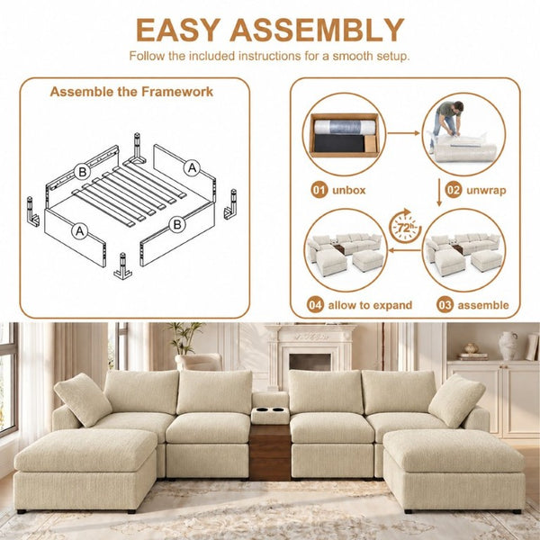 English Elm 155 Inch Modular U Shaped Chenille Sectional Sofa with Console and Dual Ottomans Apricot W5156S00014