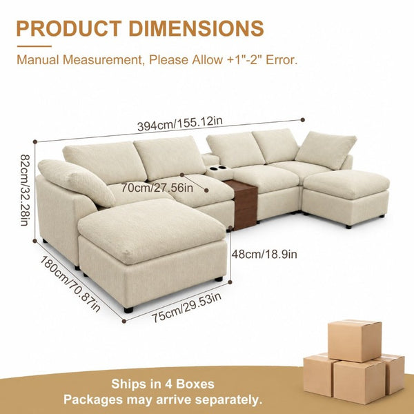 English Elm 155 Inch Modular U Shaped Chenille Sectional Sofa with Console and Dual Ottomans Apricot W5156S00014