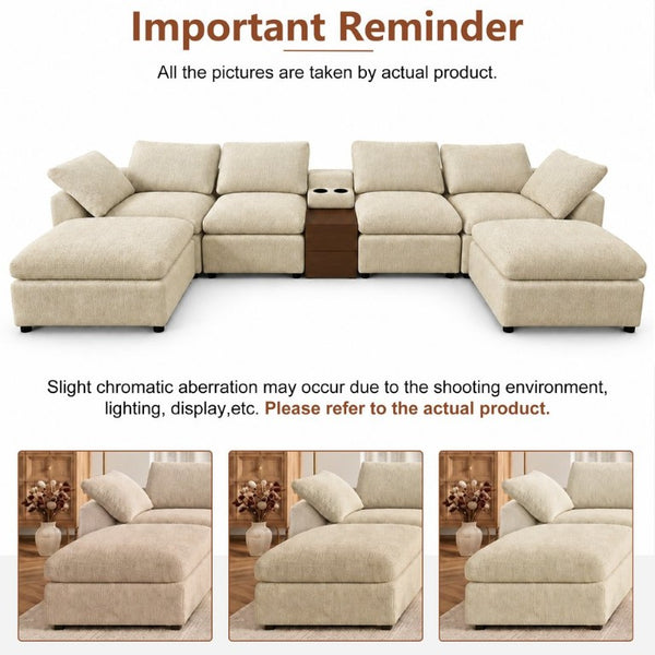 English Elm 155 Inch Modular U Shaped Chenille Sectional Sofa with Console and Dual Ottomans Apricot W5156S00014