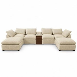 English Elm 155 Inch Modular U Shaped Chenille Sectional Sofa with Console and Dual Ottomans Apricot W5156S00014