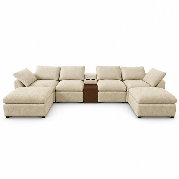 English Elm 155 Inch Modular U Shaped Chenille Sectional Sofa with Console and Dual Ottomans Apricot W5156S00014