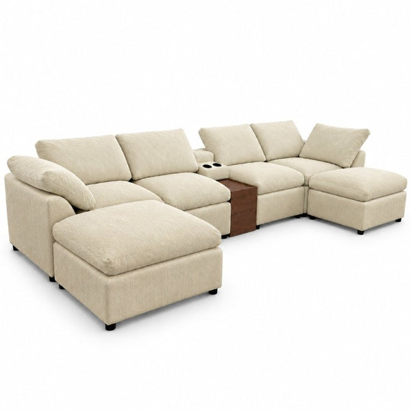 English Elm 155 Inch Modular U Shaped Chenille Sectional Sofa with Console and Dual Ottomans Apricot W5156S00014
