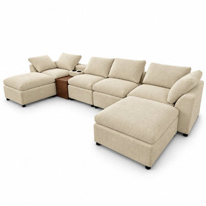 English Elm 155 Inch Modular U Shaped Chenille Sectional Sofa with Console and Dual Ottomans Apricot W5156S00014