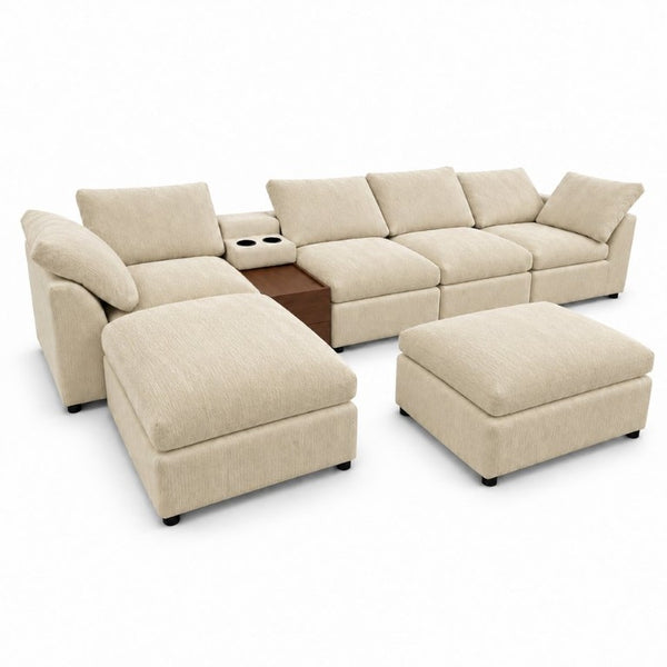 English Elm 155 Inch Modular U Shaped Chenille Sectional Sofa with Console and Dual Ottomans Apricot W5156S00014