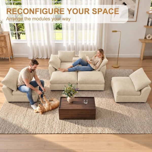 English Elm 155 Inch Modular U Shaped Chenille Sectional Sofa with Console and Dual Ottomans Apricot W5156S00014