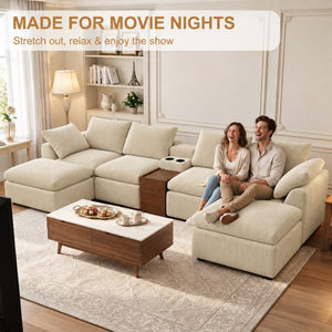 English Elm 155 Inch Modular U Shaped Chenille Sectional Sofa with Console and Dual Ottomans Apricot W5156S00014