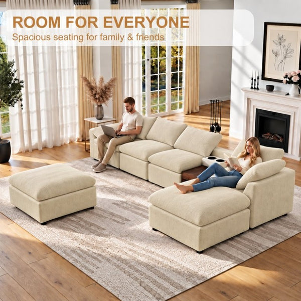English Elm 155 Inch Modular U Shaped Chenille Sectional Sofa with Console and Dual Ottomans Apricot W5156S00014