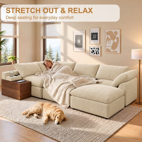 English Elm 155 Inch Modular U Shaped Chenille Sectional Sofa with Console and Dual Ottomans Apricot W5156S00014