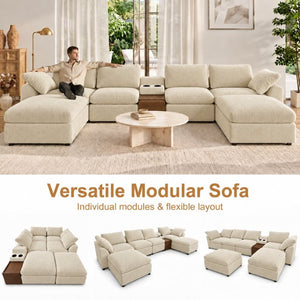 English Elm 155 Inch Modular U Shaped Chenille Sectional Sofa with Console and Dual Ottomans Apricot W5156S00014