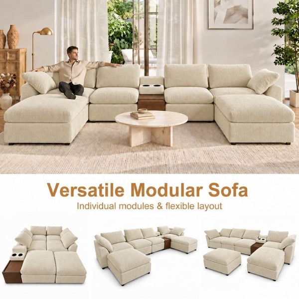 English Elm 155 Inch Modular U Shaped Chenille Sectional Sofa with Console and Dual Ottomans Apricot W5156S00014