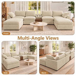 English Elm 155 Inch Modular U Shaped Chenille Sectional Sofa with Console and Dual Ottomans Apricot W5156S00014