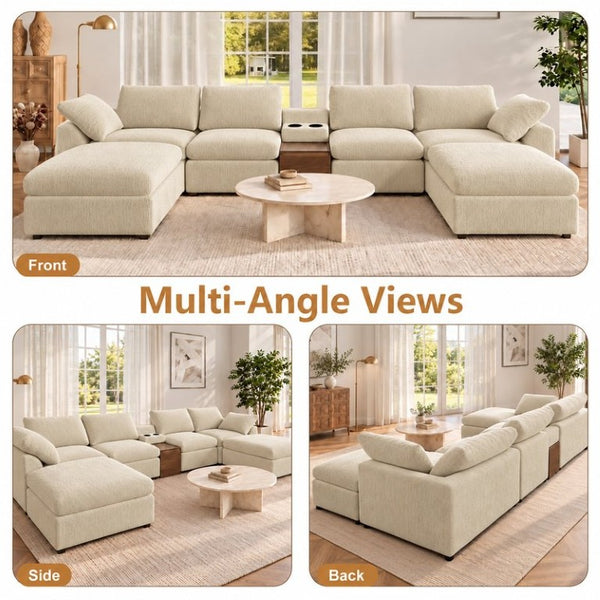 English Elm 155 Inch Modular U Shaped Chenille Sectional Sofa with Console and Dual Ottomans Apricot W5156S00014