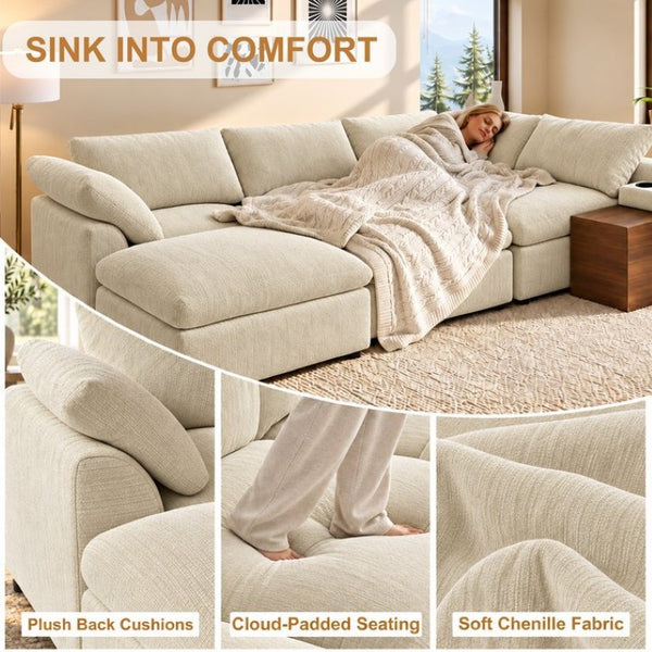 English Elm 155 Inch Modular U Shaped Chenille Sectional Sofa with Console and Dual Ottomans Apricot W5156S00014