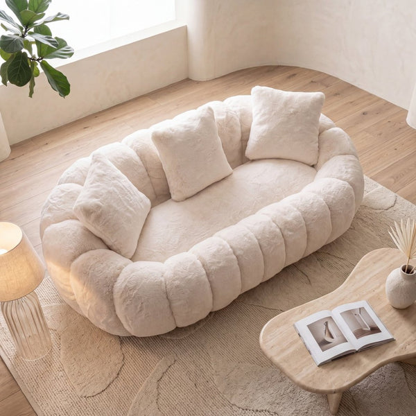 English Elm Floral-shaped Faux Fur Two Seater Sofa Sculptural Petal Design for Modern Living Rooms Beige W5188P450362