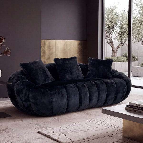English Elm Floral-shaped Faux Fur Two Seater Sofa Sculptural Petal Design for Modern Living Rooms Black W5188P450365