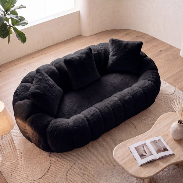 English Elm Floral-shaped Faux Fur Two Seater Sofa Sculptural Petal Design for Modern Living Rooms Black W5188P450365