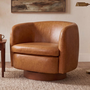English Elm Mistpeople Swivel Barrel Chair Upholstered Round Seat Solid Wood Base Compact Accent Brown W5188P509319