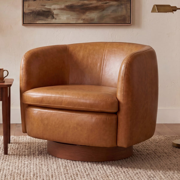 English Elm Mistpeople Swivel Barrel Chair Upholstered Round Seat Solid Wood Base Compact Accent Brown W5188P509319