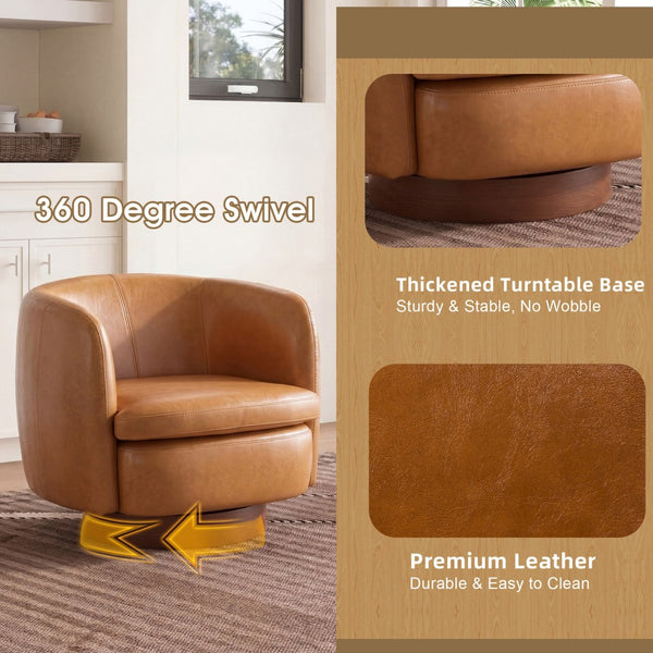 English Elm Mistpeople Swivel Barrel Chair Upholstered Round Seat Solid Wood Base Compact Accent Brown W5188P509319