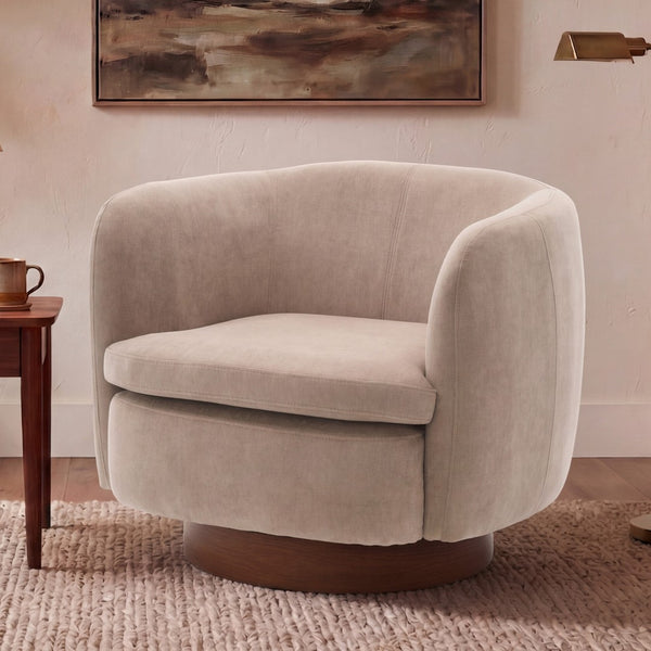 English Elm Mistpeople Swivel Barrel Chair Upholstered Round Seat Solid Wood Base Compact Accent Light Khaki W5188P509322
