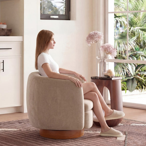English Elm Mistpeople Swivel Barrel Chair Upholstered Round Seat Solid Wood Base Compact Accent Light Khaki W5188P509322