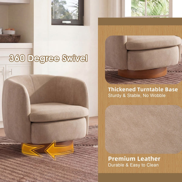 English Elm Mistpeople Swivel Barrel Chair Upholstered Round Seat Solid Wood Base Compact Accent Light Khaki W5188P509322
