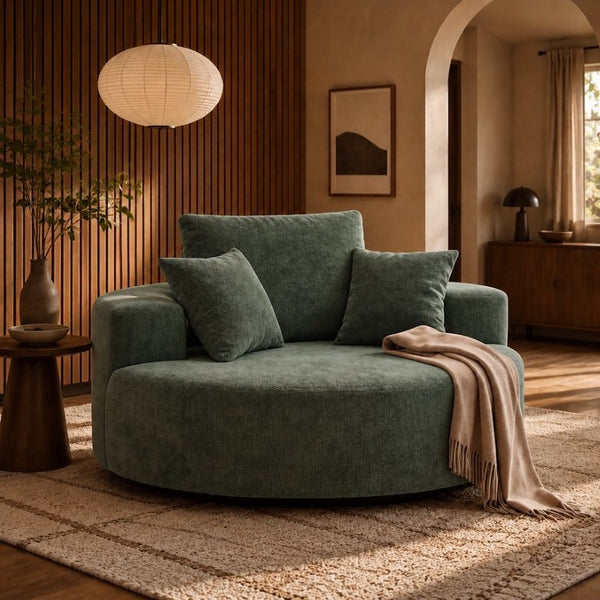 English Elm 55-Inch Oversized Round Chenille Accent Chair Deep Seat Lounge for Bedroom Living Room Green W5188P515973