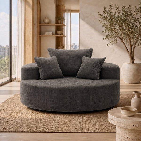 English Elm 55-Inch Oversized Round Chenille Accent Chair Deep Seat Lounge for Bedroom Living Room Gray W5188P515974