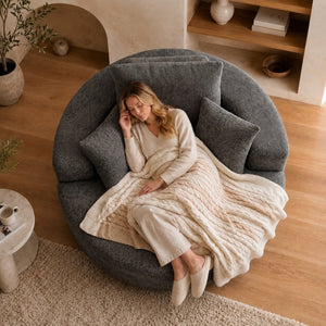 English Elm 55-Inch Oversized Round Chenille Accent Chair Deep Seat Lounge for Bedroom Living Room Gray W5188P515974