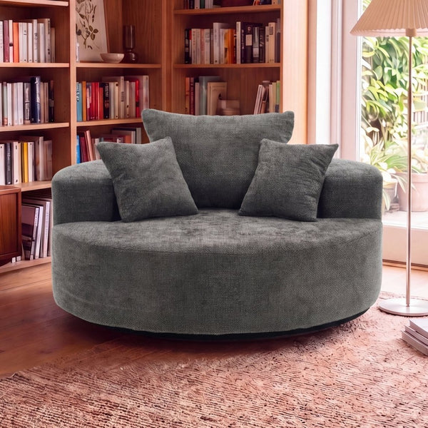 English Elm 55" Oversized Round Swivel Accent Chair Chenille Linen Blend Foam Fill Modern Lounge Gray W5188S00006