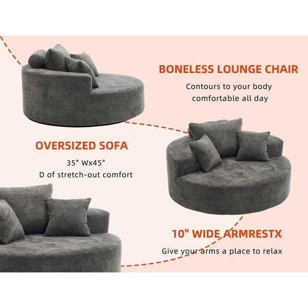 English Elm 55" Oversized Round Swivel Accent Chair Chenille Linen Blend Foam Fill Modern Lounge Gray W5188S00006