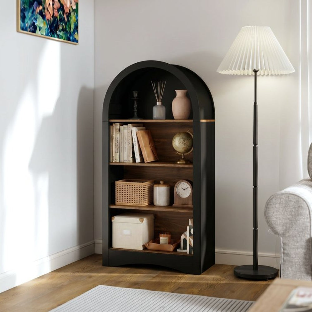 English Elm 47" Arched Freestanding Bookcase Four Open Tiers Woodgrain Shelves Slim White Frame Black + Dark Walnut W5216P462232