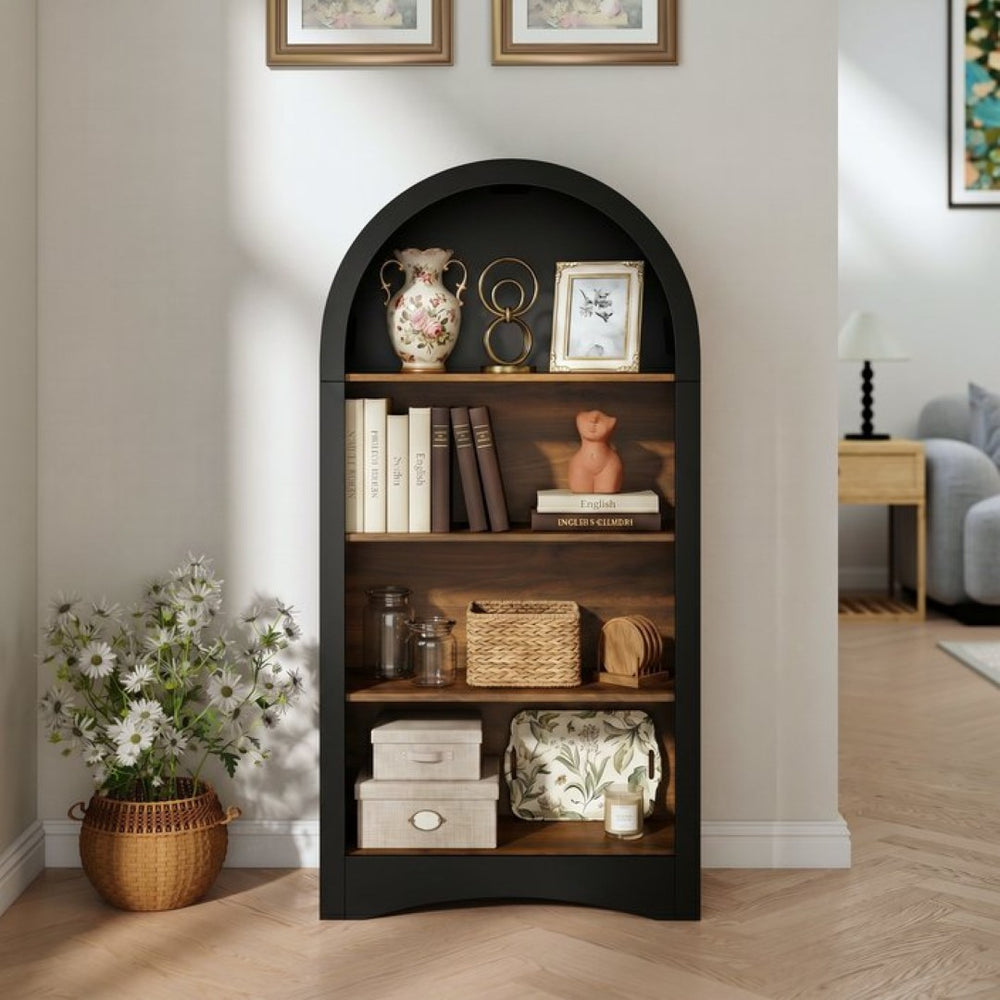 English Elm 47" Arched Freestanding Bookcase Four Open Tiers Woodgrain Shelves Slim White Frame Black + Dark Walnut W5216P462232