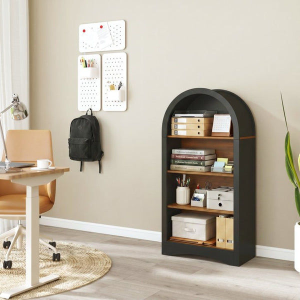 English Elm 47" Arched Freestanding Bookcase Four Open Tiers Woodgrain Shelves Slim White Frame Black + Dark Walnut W5216P462232