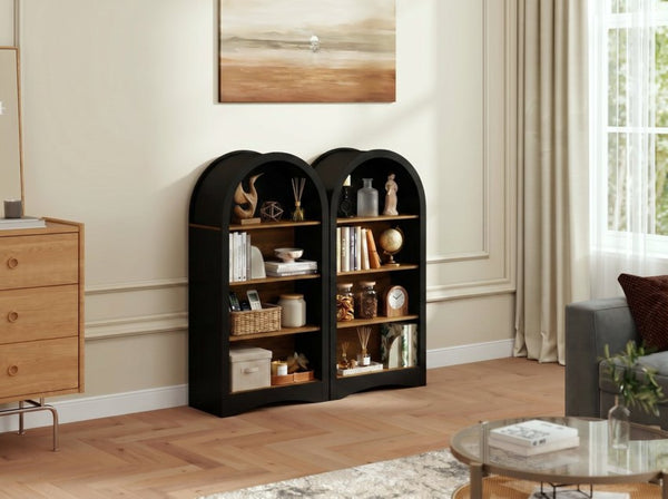 English Elm 47" Arched Freestanding Bookcase Four Open Tiers Woodgrain Shelves Slim White Frame Black + Dark Walnut W5216P462232