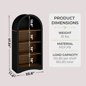 English Elm 47" Arched Freestanding Bookcase Four Open Tiers Woodgrain Shelves Slim White Frame Black + Dark Walnut W5216P462232