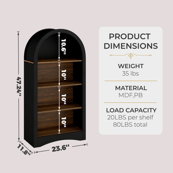 English Elm 47" Arched Freestanding Bookcase Four Open Tiers Woodgrain Shelves Slim White Frame Black + Dark Walnut W5216P462232