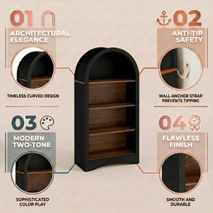 English Elm 47" Arched Freestanding Bookcase Four Open Tiers Woodgrain Shelves Slim White Frame Black + Dark Walnut W5216P462232